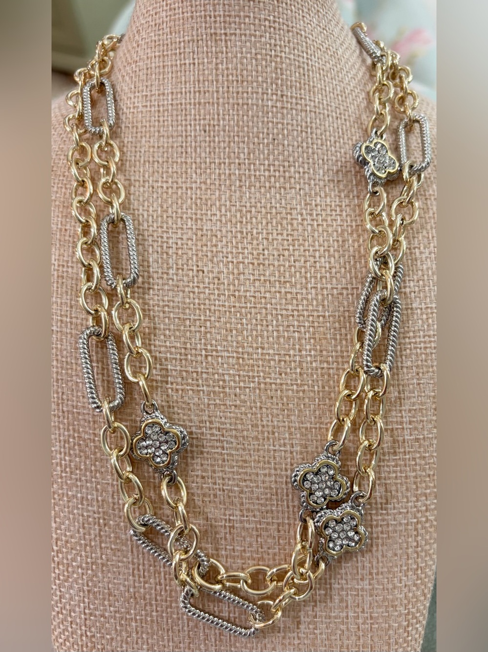 NEW Gold and Silver Floral Crystal Clover Long Necklace